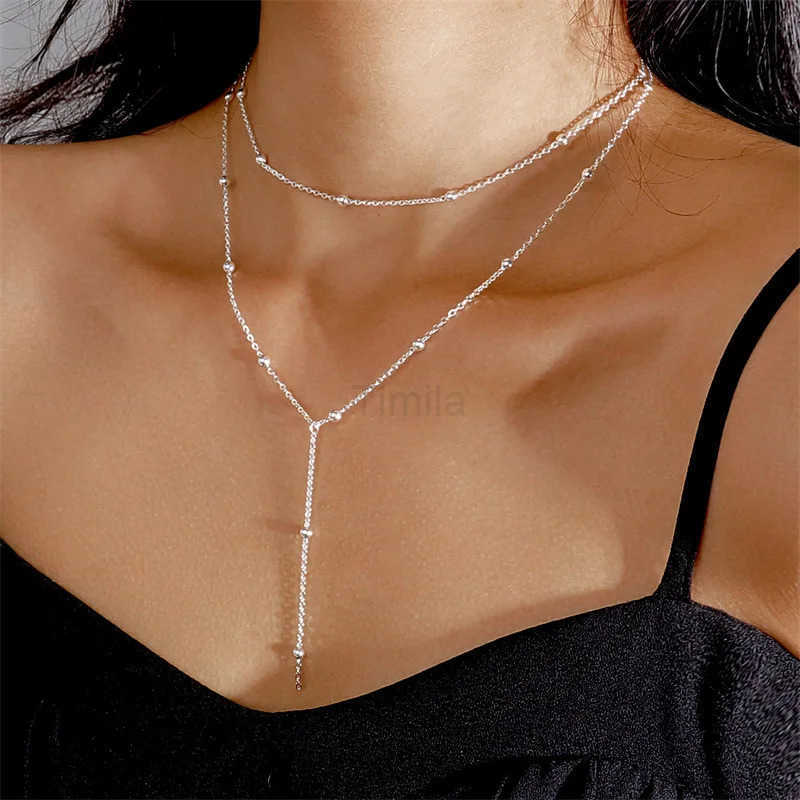 FTCY Simple Double Layered Long Tassel Chain Necklaces for Women Metal Geometric Bead Choker Necklace Womens Jewelry U251022