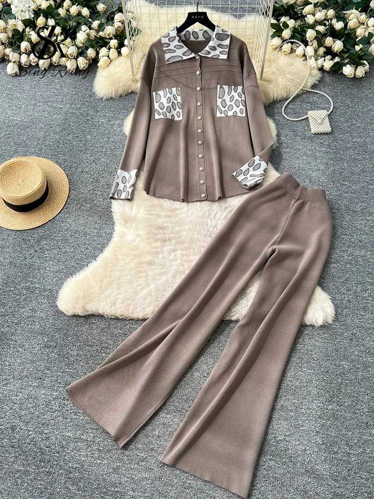 SINGREINY Winter Leopard Casual Suits Fashion Women Loose Knit ShirtElastic Wide Legs Long Pants Print Sweater Two Pieces SetsT251022