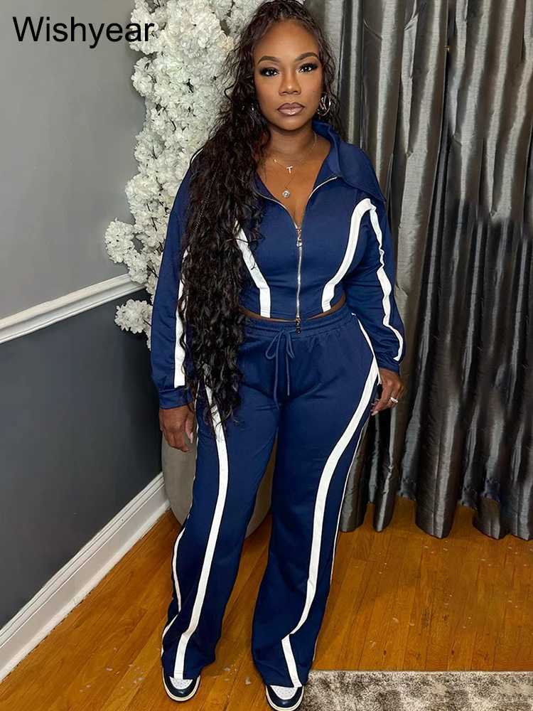 Womens Casual Stripe Patchwork 2Piece Set Lapel Long Sleeve Zipper Crop Jacket with Wide Leg Pants Suits Autumn 2PC TracksuitT251022