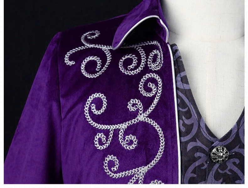 Red Embroidered Mens Long Jacket Black Mock Twopiece Trench Coat Purple Collared Vintage Tailcoat 251014