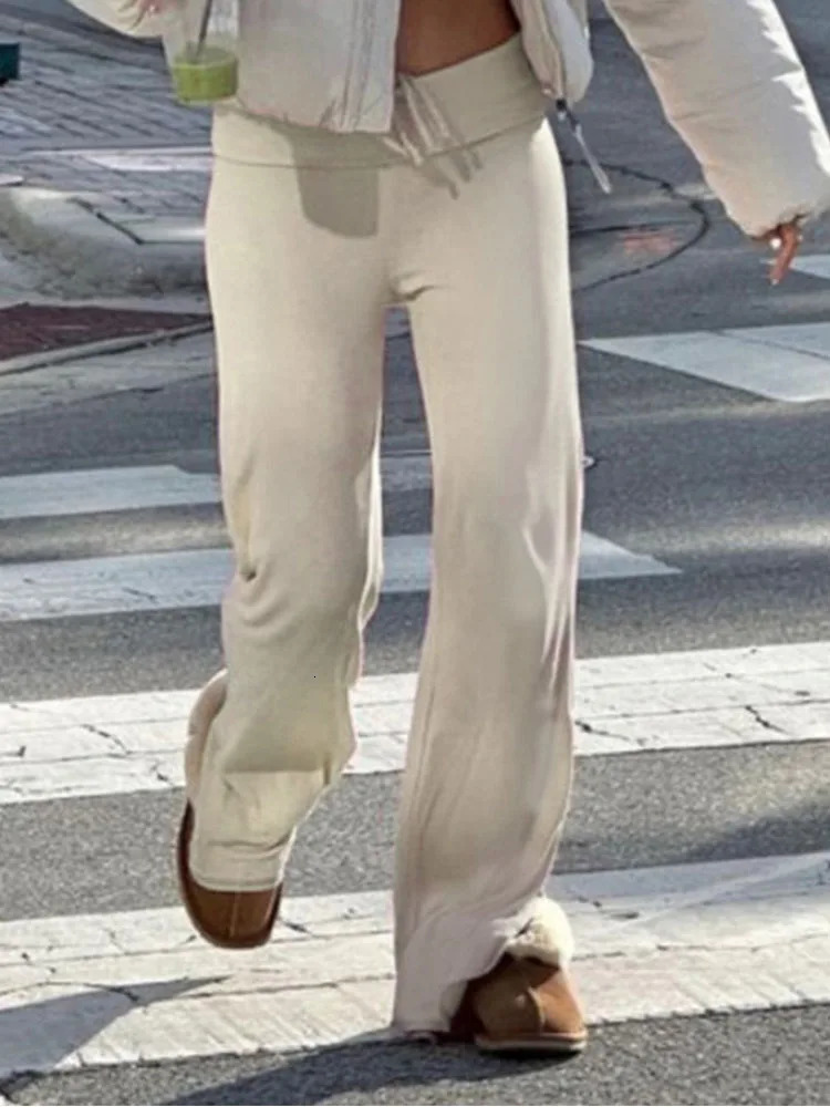 Casual Solid Basic Pants Y2K Chic Floor Length Bottoms Vintage Aesthetic Mid Waist Drawstring Straight Trousers 251022