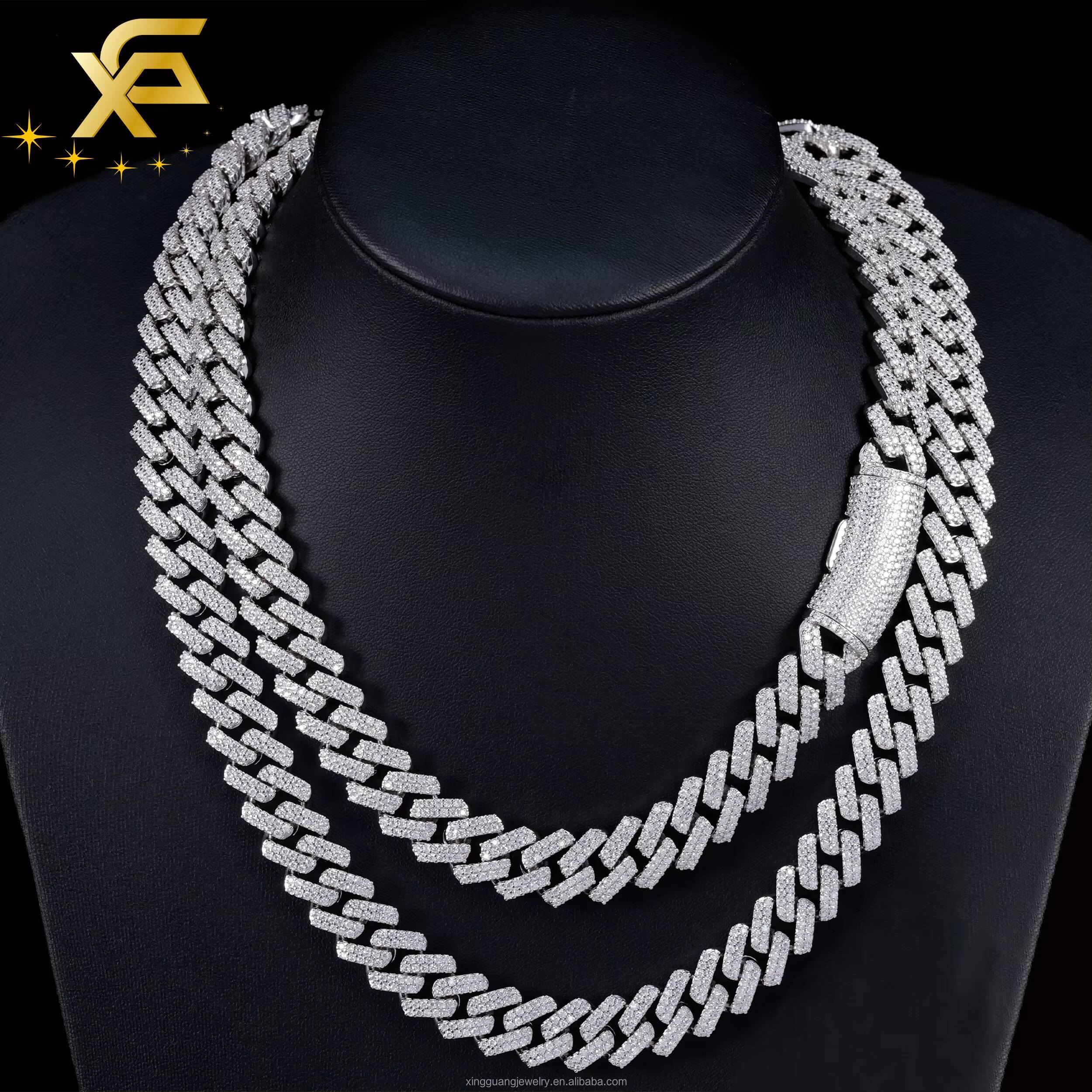 High Quality 13mm 2rows Iced Out Moissanite Cuban Lidynamic Chain Prong Setting 10k Solid Gold Plated Moissanite Cuban Necklace