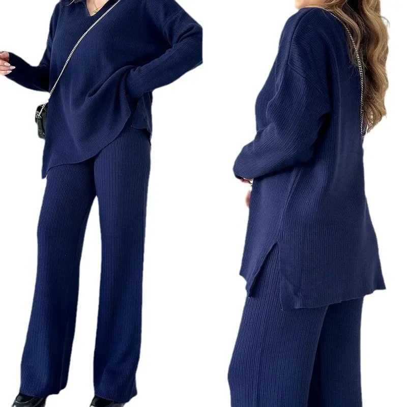 Two Piece Pant Sets Women Knit Sweater V Neck Full Sleeve Splice Loose Fit Trousers Matching Sets Thick Pants Casual Office LadyT251022