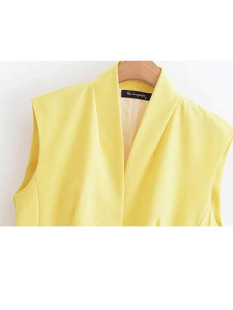 HH Women Pocket Decoration Commute Yellow Solid Pants Suit Sleeveless Button VNeck WaistcoatLoose Wideleg Zipper PantsT251022