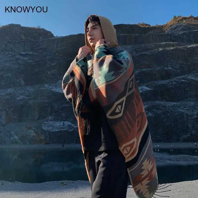 New Tourism Cloak Male Hooded Warmth Scarf Warmth Shawl Capes Print Tassels Jacket Men Poncho Outwear Big Size J251118