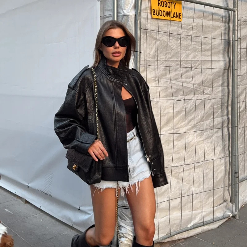 Autumn Winter Vintage Leather Jacket For Women Lapel Long Sleeve Casual Coat Zipper Y2k Short Streetwears Lady Outwears 251017