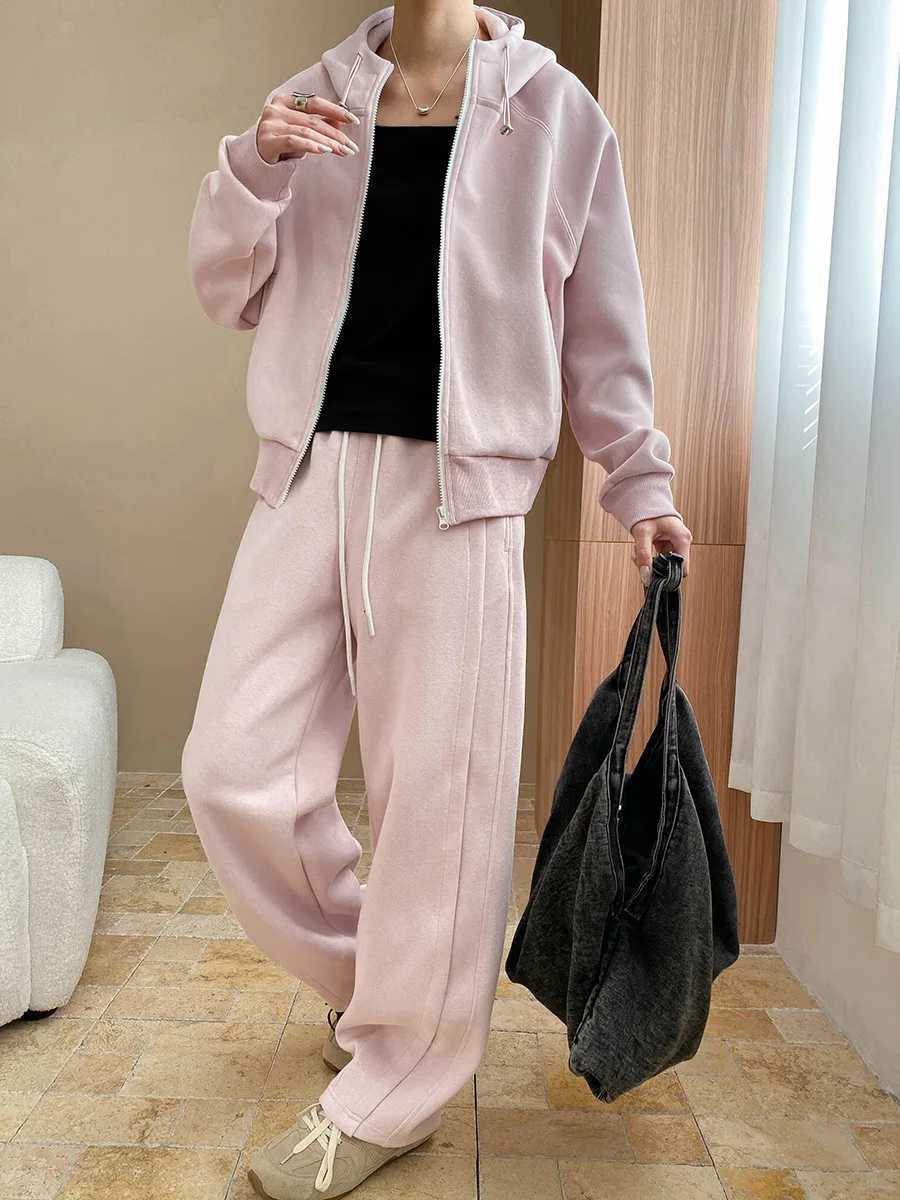 Spring and Autumn Womens Casual Solid Color Loose Hooded SweatshirtHigh Waist Loose Pants SetT251022