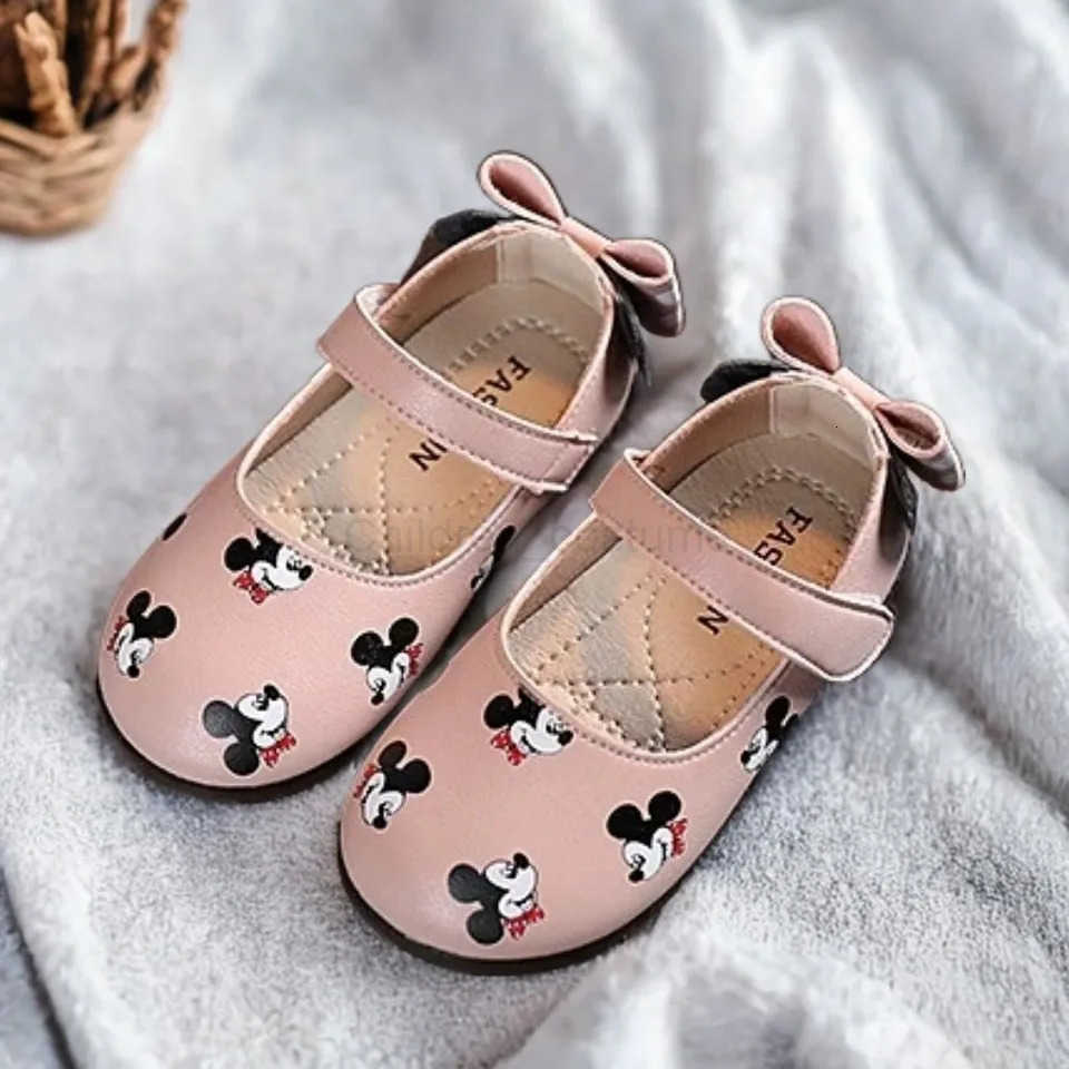 Disney Casual Shoes Kids Mickey Mouse Shoes For Girls Outdoor White Pink PU Leather Children Flats Soft Toddler Size 2130 H251022