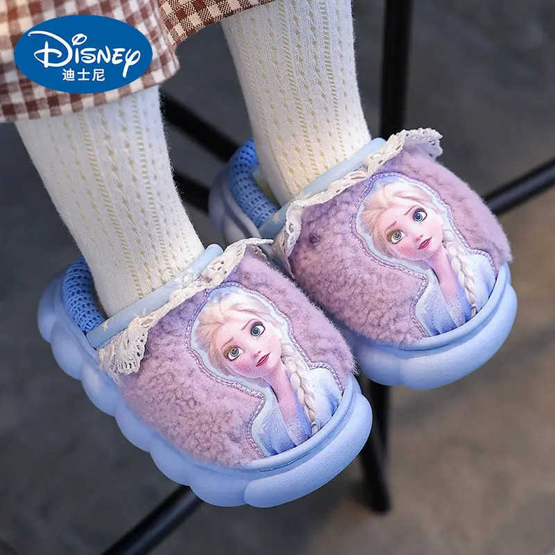 Disney Princess Elsa Frozen Slippers for Girls in Autumn Winter Indoor Warmth Non slip Childrens Plush Cotton Blue Purple Shoes H251022
