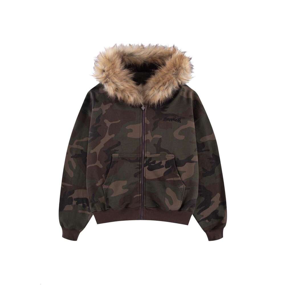 Fashion Camouflage Print Fur Collar Couple Style Street Loose Hooded Cardigan Sweatshirt
