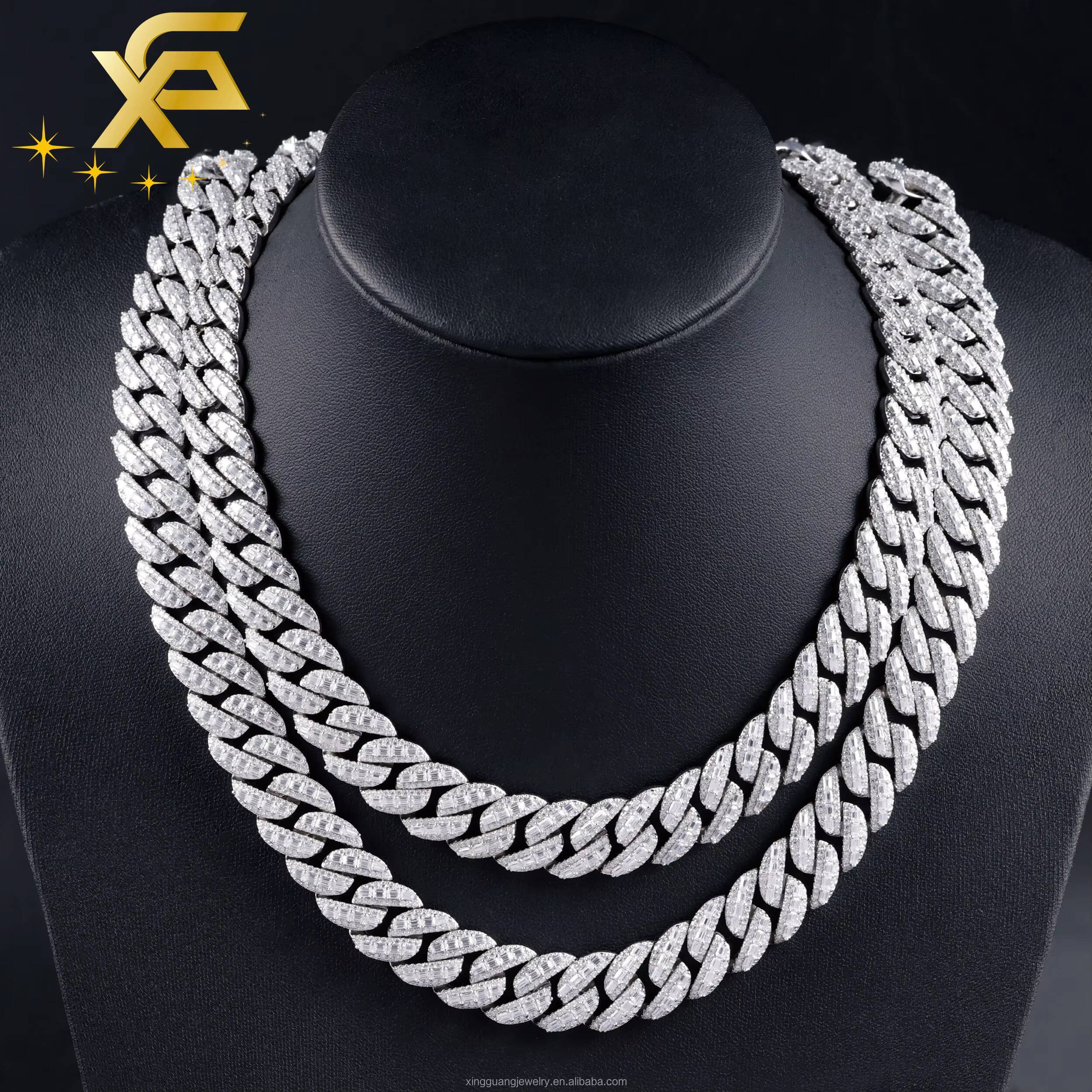 RTS 15mm Vvs Baguette Moissanite Pass Diamond Test Iced Out Hip Hop Silver Necklace Cuban Chain Fine Jewelry Men Rapper Lidynamic
