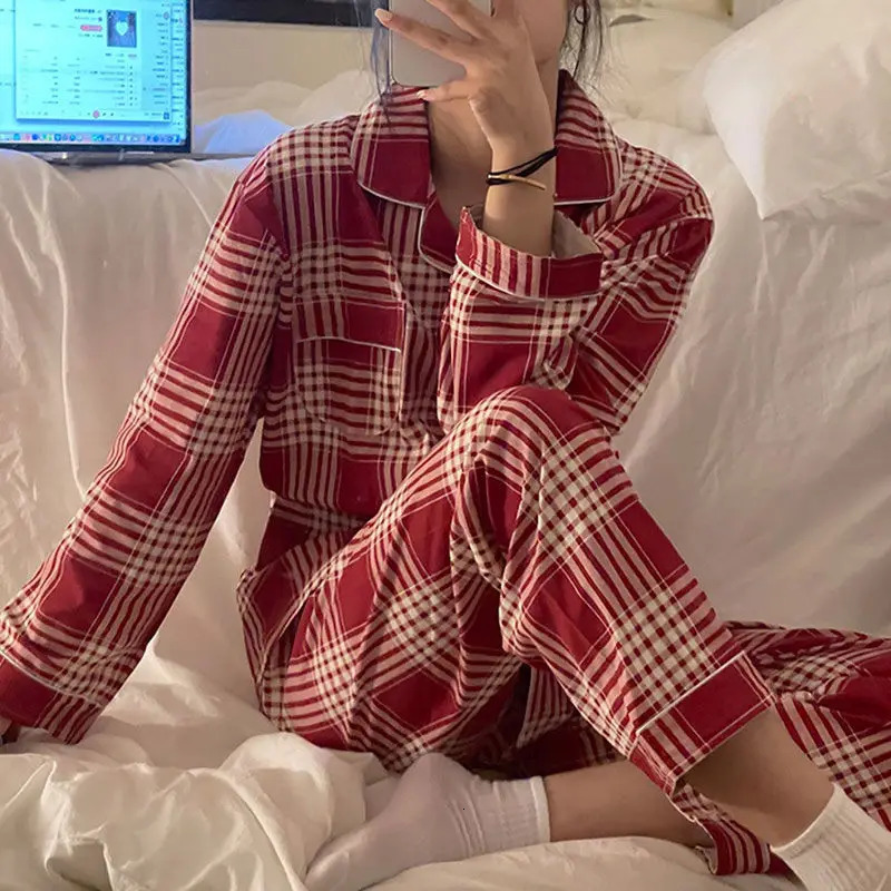Plaid Christmas Pajamas Women Korean Sleepwear Autumn Pijamas Cute Clothes Pyjamas 2 Piece Pants Sets Loungewear Pj Suit 251020