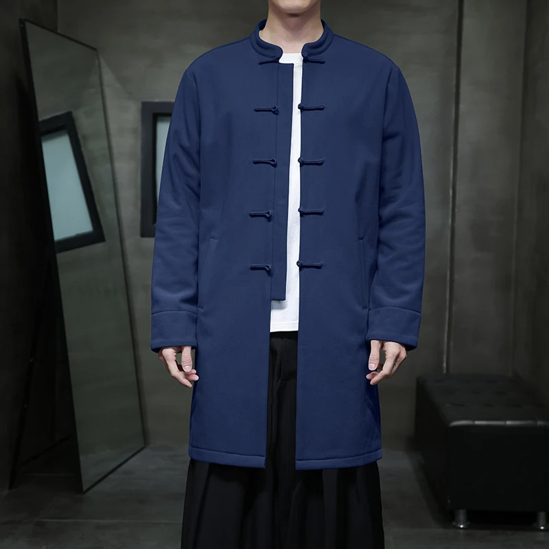 Chinesestyle Blue Long Jacket Mens Gray Singlebreasted Standup Collar Trench Coat Spring Fall Winter Top 251014