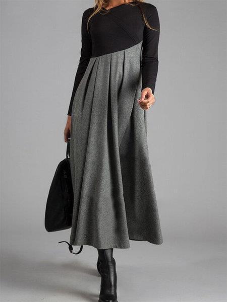 New fashion designer autumn and winter wool dress color blocked V-neck long sleeved applique flared skirt for women long sleeved