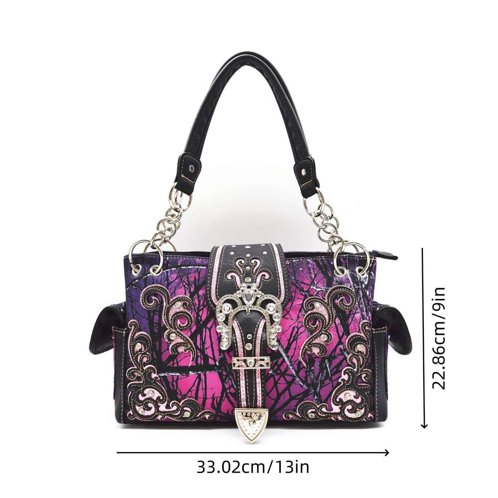 Women's Western Cowgirl Crossbody Bag Set Camouflage Crown Buckle, Rhinestone-Adorned Floral Shine Glow Design, Detachable Strap & Zipper Closure