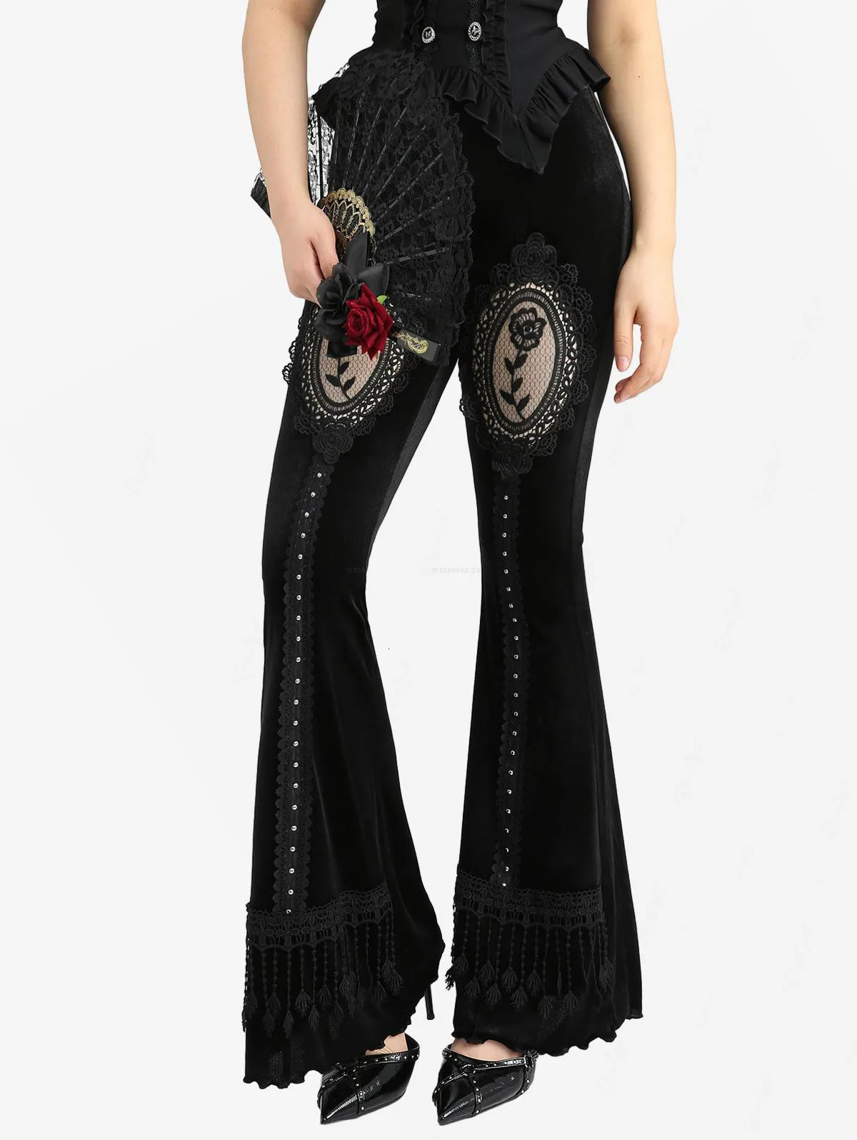 ROSEGAL Plus Size Gothic Rose Flower Mesh Applique Rivet Lace Trim Tassel Velvet Flare Pants 251017