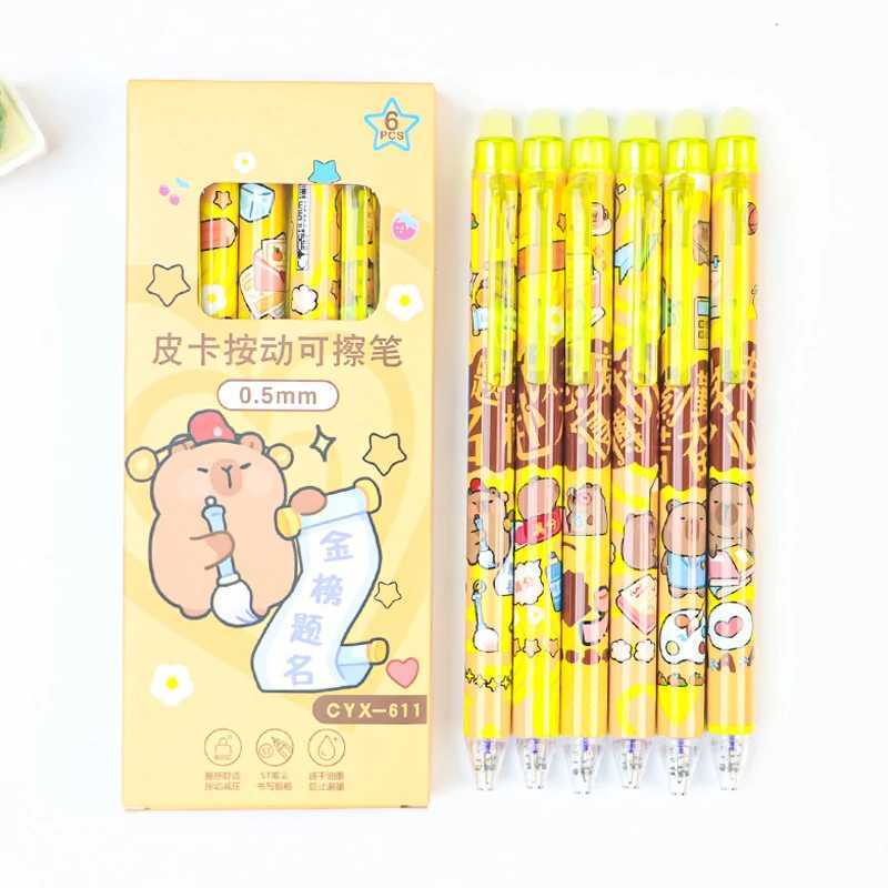 6Pcsset QuicklyDrying Pressing Neutral Pens Writing Smooth Pens Kawaii Capybara Erasable Gel Pen Set Student Stationery Gifts J251022