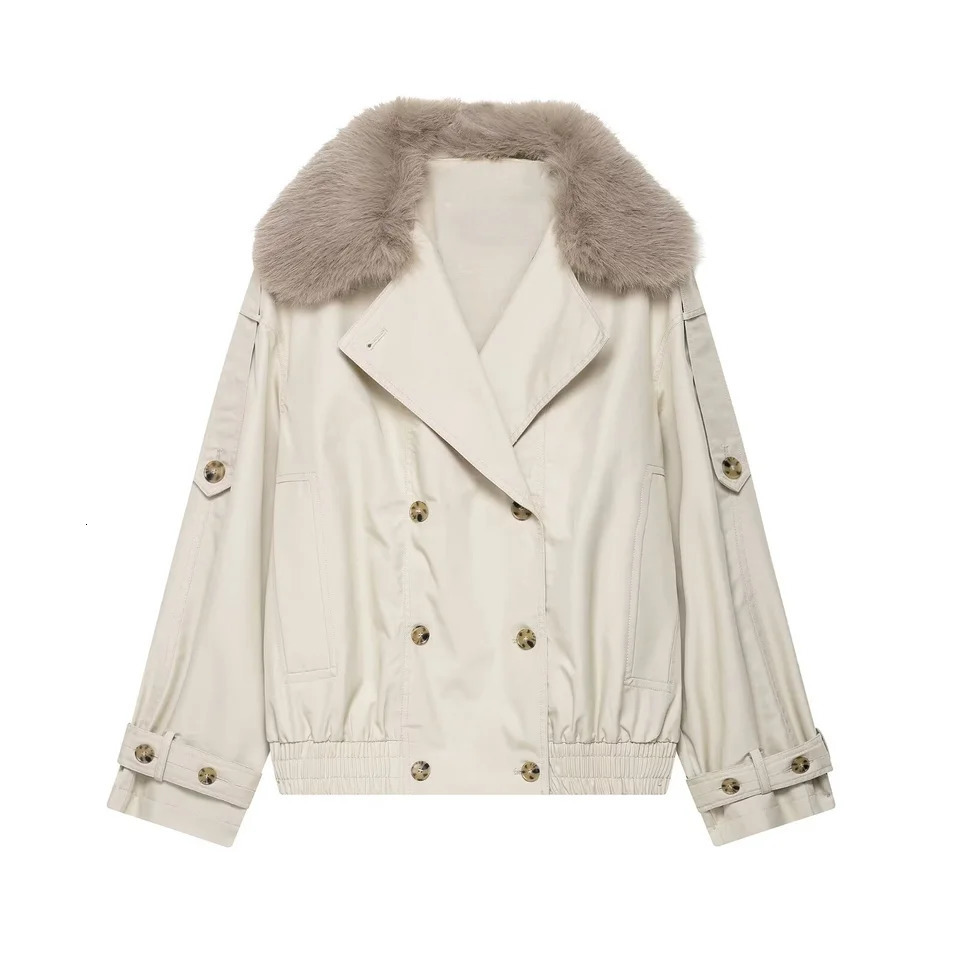 autumn womens casual fashion temperament short fur splicing doublebreasted trench coat jacket 251021