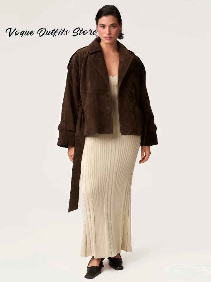 Chic Belt Brown Suede Jackets Women Loose Lapel Single Breasted Full Sleeve Jacket Autumn Lady Street Vintage Outwear 251020
