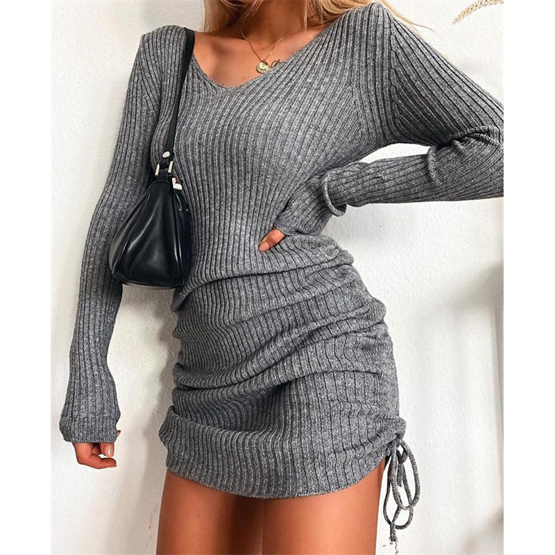 Designer's fashionable new knitted sweater V-neck long sleeved autumn and winter sexy slim fit ribbed skirt with pleated edges and drawstring bot
