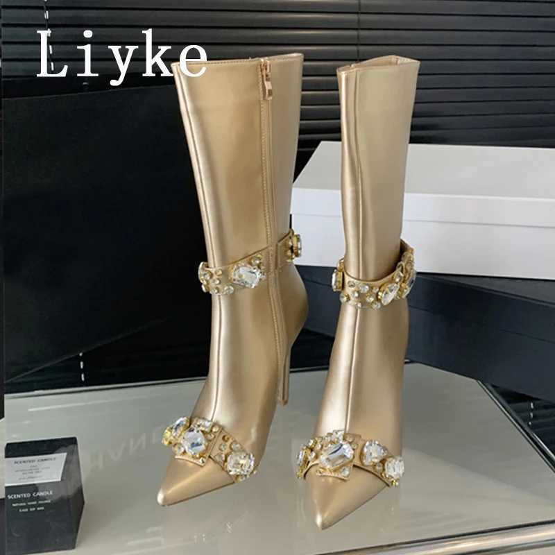 L ike Fashion Crystal Gem Rivet Women Autumn Winter Shoes Zip Ankle Chelsea Boots Sexy Pointed Toe Party Stripper Heels Booties Z251020