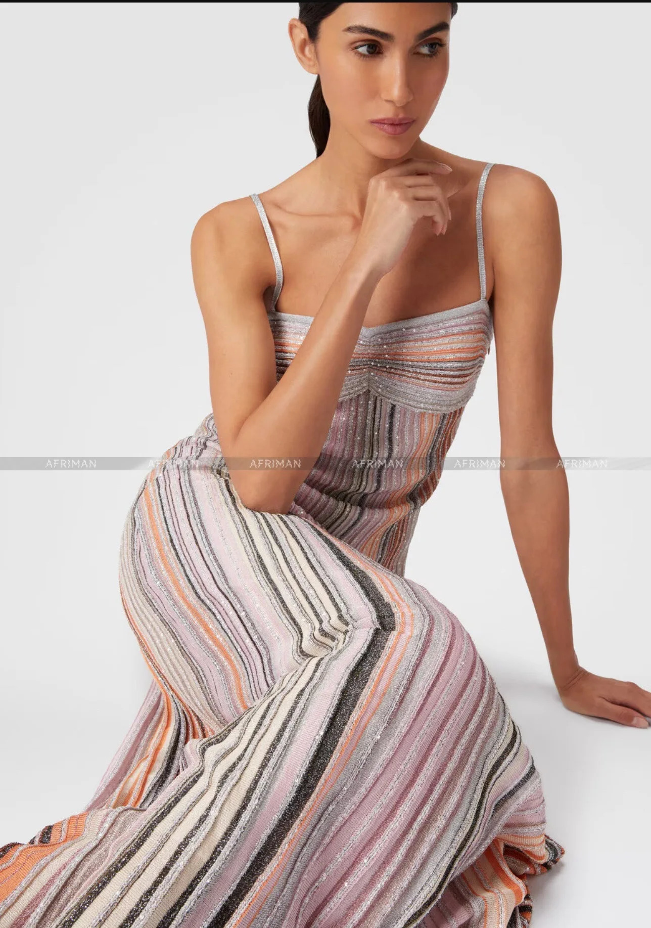 Women Metallic Sequined Multicolor Striped Sexy Strapless Maxi Long Knit Sling Dress 251013 C260312