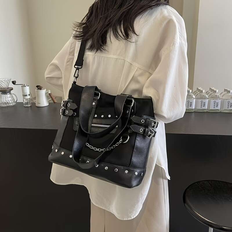 Punk Style Large-Capacity Handbag - Retro Solid Color With Rivet Embellishment, Adjustable Shoulder Strap, Nylon Material, Suitable Outdoor Daily Use,