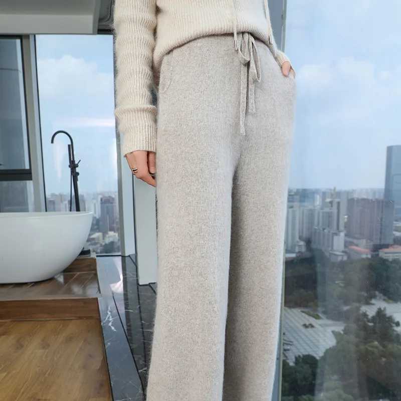 100 Pure Mink Cashmere Knit WideLeg Pants Womens Elastic Waist Loose Straight Trousers Leisure Thick Drawstring Mopping pantsT251022