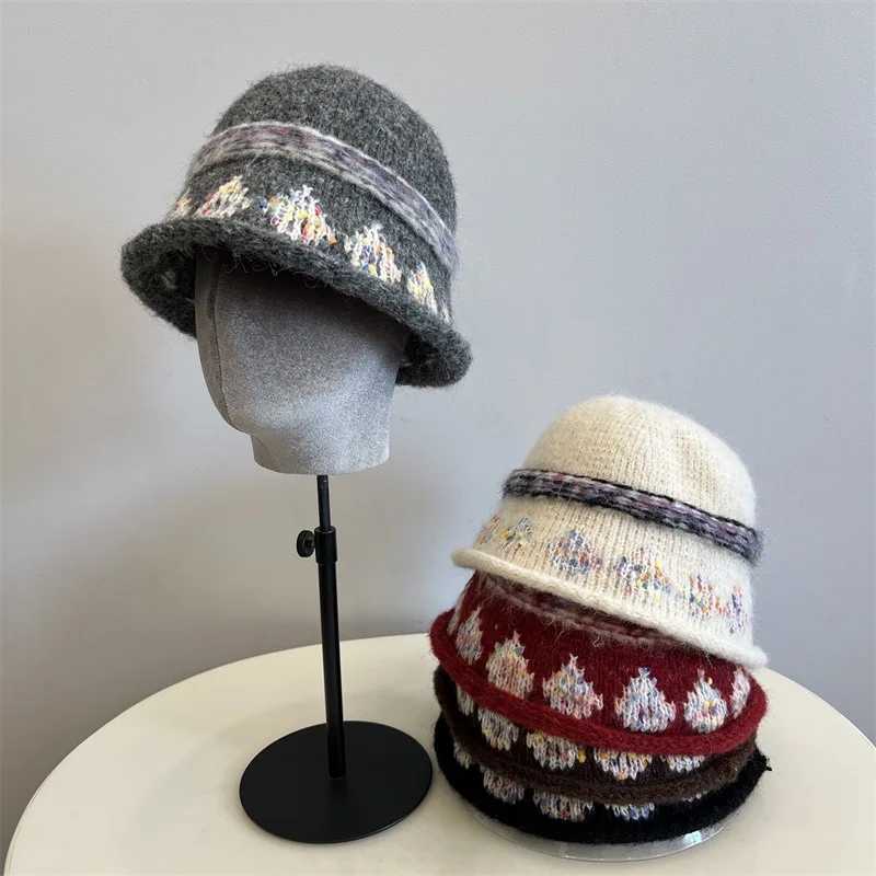 Korean Version Trendy Jacquard Knitted Bucket Hat Women Sweet Preppy style RolledBrim Beanie Female Autumn Winter J251022