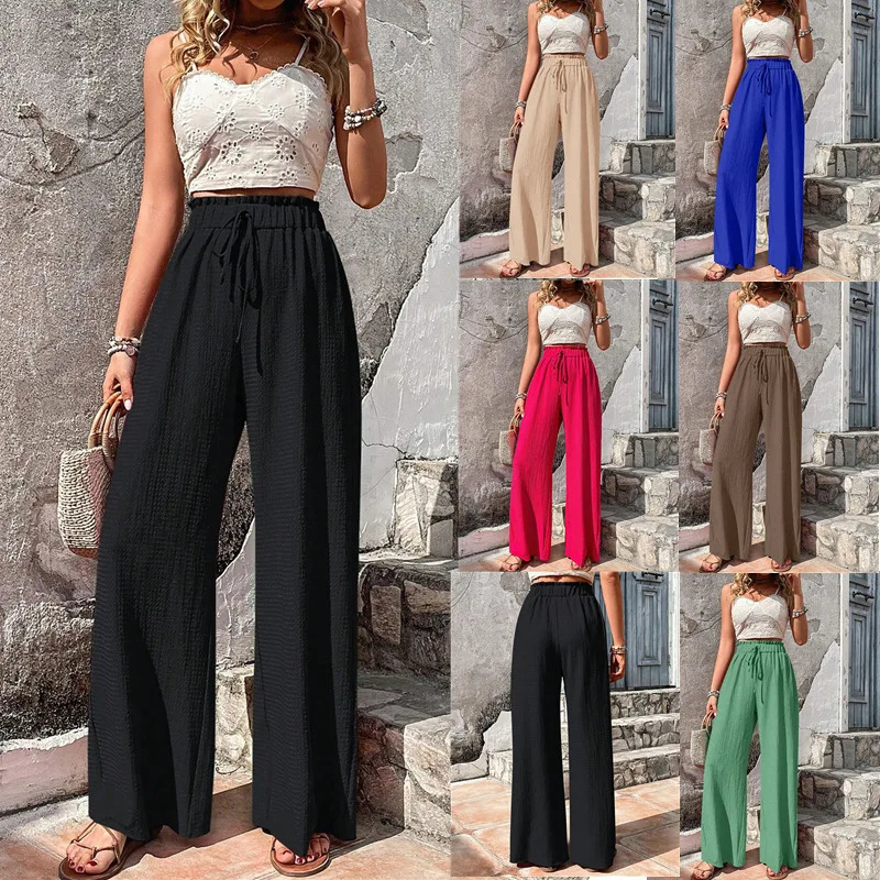 Women High Elastic Waist Wide Leg Pants Summer Casual Female Sand Beachwear Full Loose Trousers YLX333 251022