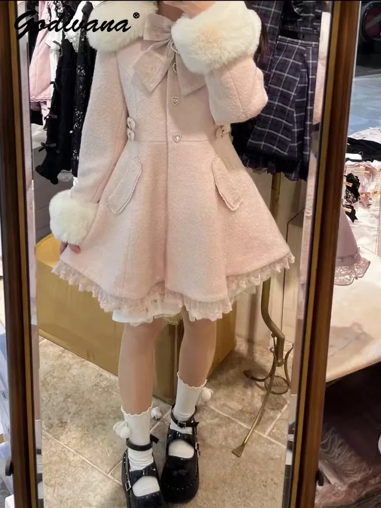 Winter Japanese Sweet Bow Slim Medium Long Woolen Coat Faux Fur Collar Lolita Girl Womens Pink White Wool Jacket Overcoat 251020