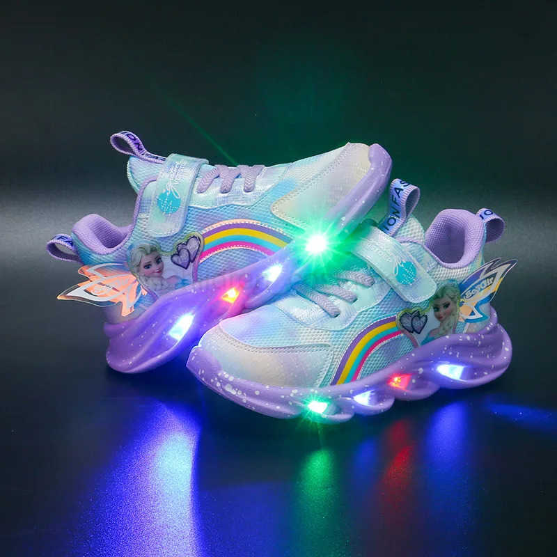 Disney Casual Sneakers LED Lighted For Spring Girls Frozen Elsa Princess Rainbow Outdoor Children Nonslip Pink Purple Shoes H251022