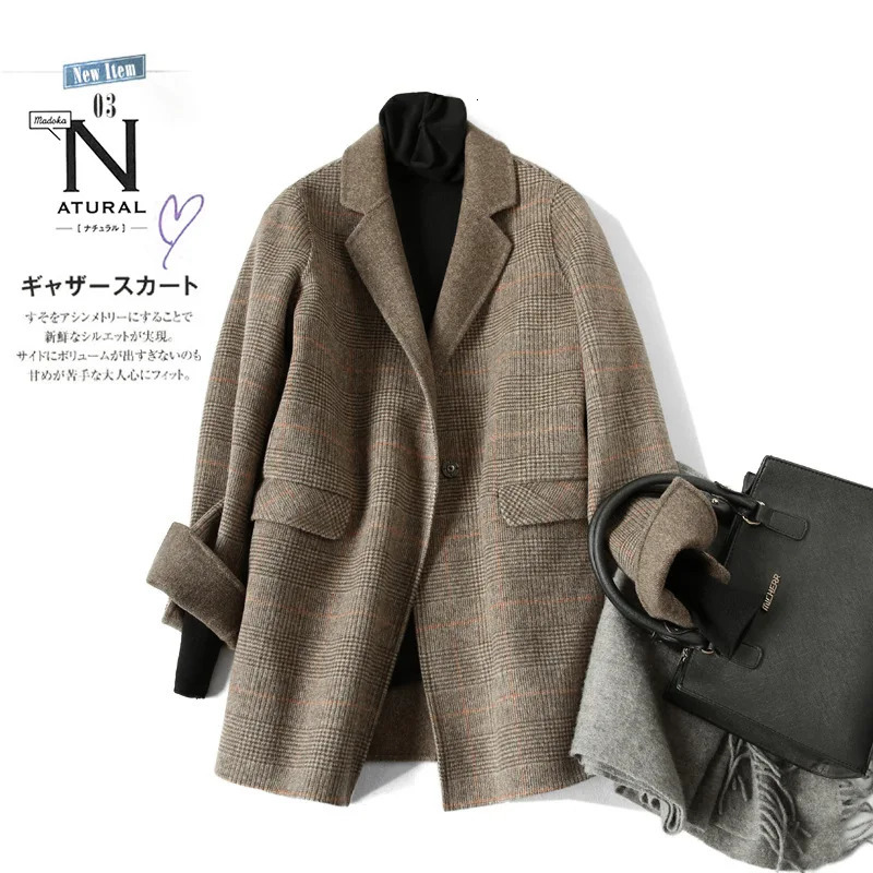 Handmade Sewn Doublesided Woolen Blazer Women Spring Autumn Plaid Wool Overcoat Office Lady Casual Suit Coat Thick Jacket 251020