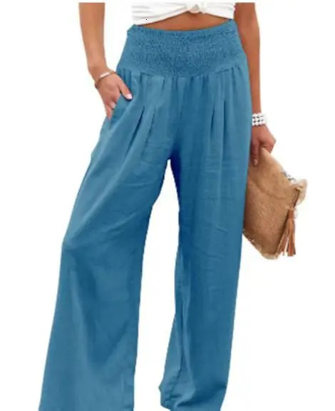 Womens casual pants with drawstring mid waist beach wide leg spring and summer European and American pants 251022