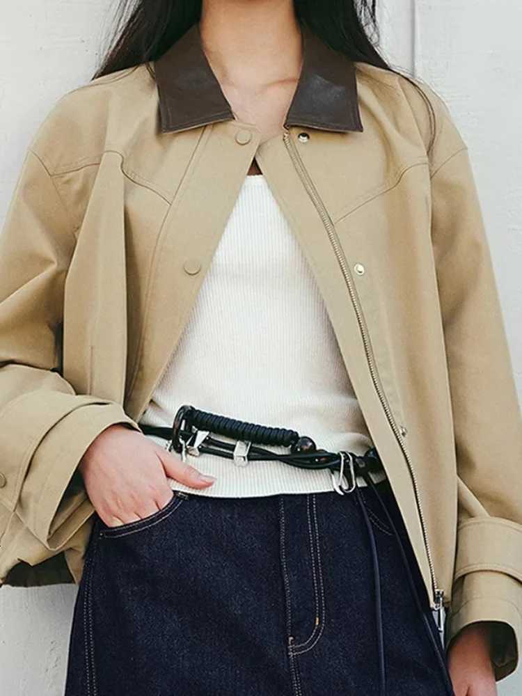 Korean Fashion Spliced Outerwears Women Casual Lapel Neck Zipper Loose Jackets Tops Spring Fall Long Sleeve Chaquetas Blusas New Y251105