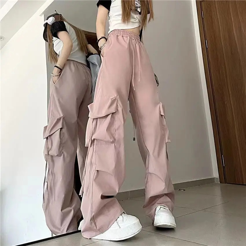 SweatPants Women Vintage Cargo Pants Fashion Elastic Waist Retro Oversized Solid Wide Leg Pant Casual Streetwear Baggy Trousers 251022