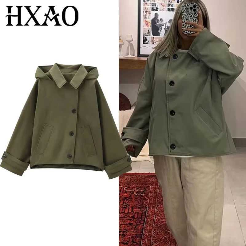 HXAO Female Windbreaker Outerwears Hood Cropped Jacket Women Solid Trench Coat Autumn Long Sleeve DemiSeason Casual Coats Y251105
