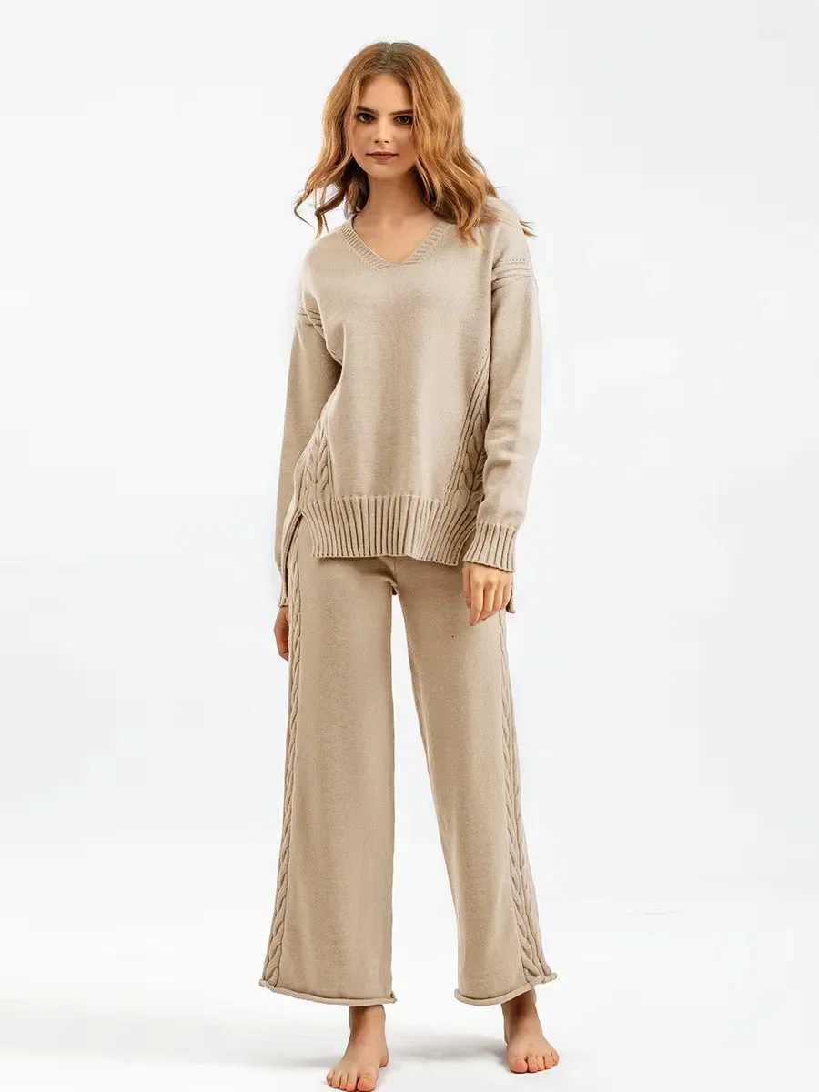 Autumn Winter Thicken Knit Sweater Set Women Tracksuit Solid Color V Neck Sweaters Elastic Trousers Suits Knitted Two Piece SetT251022