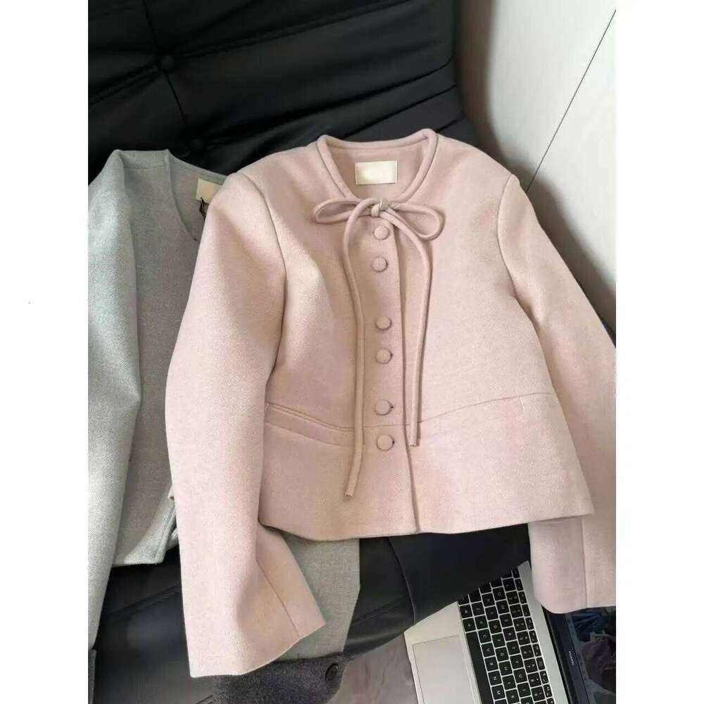 Plus Size Korean Style Short Woolen Coat Women's Loose Fit Butterfly Knot Tied Jacket Autumn Winter New Arrival Casual round ...