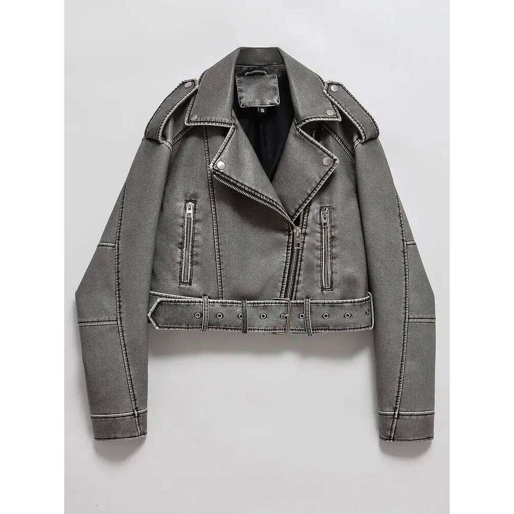 Women Vintage Loose Washed Faux Leather Short Jacket Streetwear Female Zipper Belt Moto Biker Retro Coat Outwear Tops