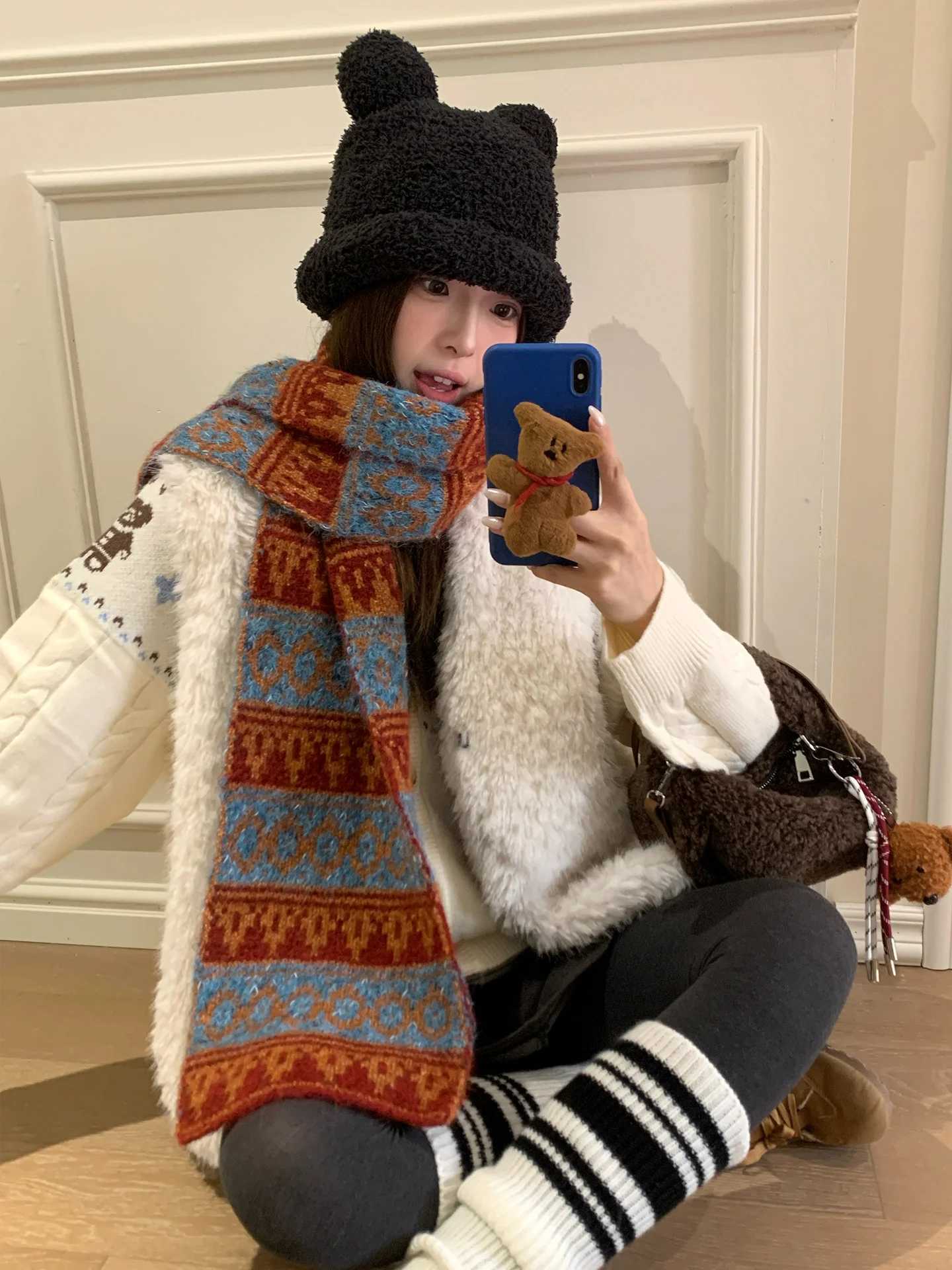 Brown HighEnd Fair Lsle Style Knitted Scarf For Women Thickened And Warm For Autumn And Winter Korean Version Outdoor Use J251022
