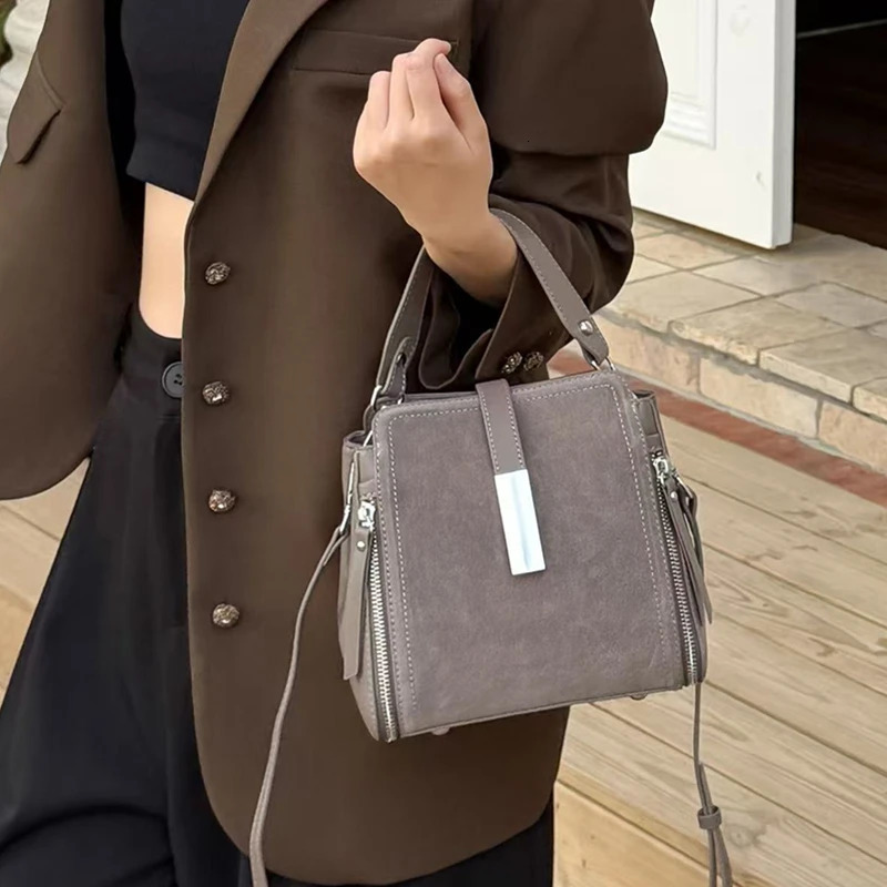 Burminsa Retro Suede Cowhide Genuine Leather Tote Handbags For Women 2025 Bucket Ladies Shoulder Crossbody Bags 251018