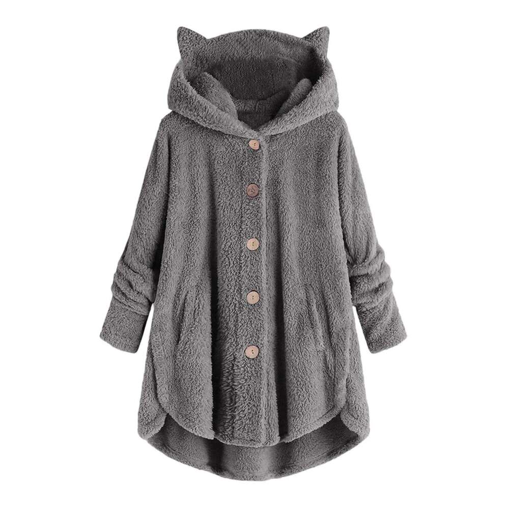 Fashionable Autumn Winter Women's Button Up Plush Coat Pure Color Irregular Trendy Brand Round Neck Full Sleeve Sweatshirt