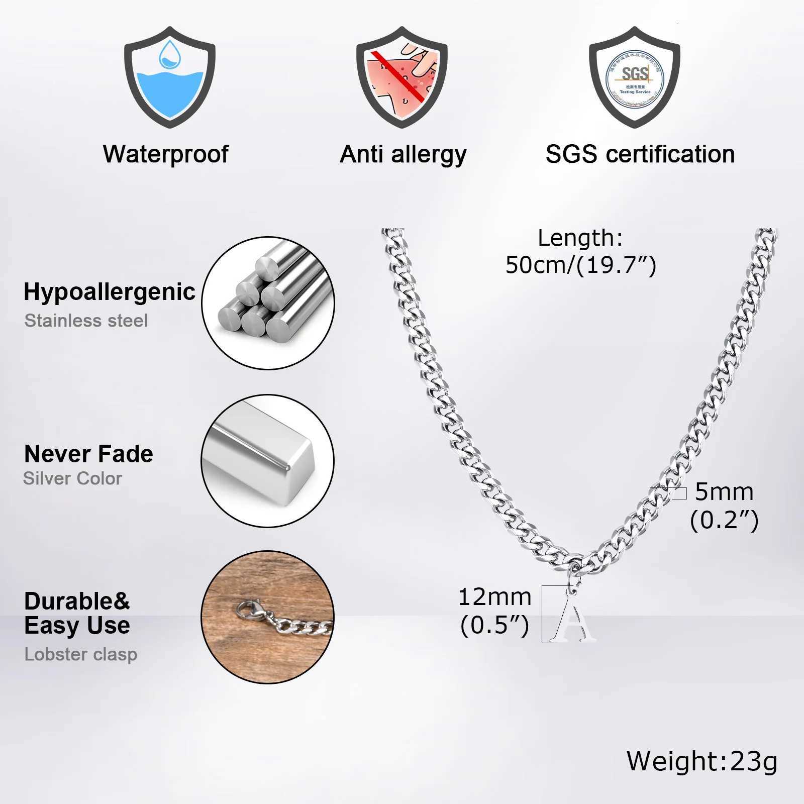 Initials Cuban Chain Necklaces for Men BoysWaterproof AZ 26 Alphabet Charm Pendant with 50cm197 Stainless Steel Chain Gifts V251022