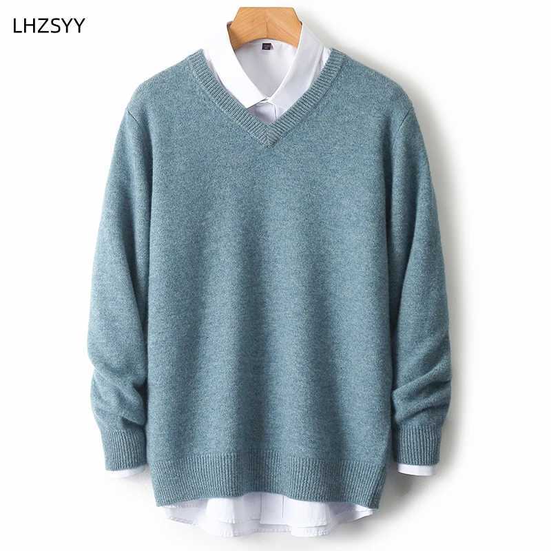 LHZSYY Mens VNeck Cashmere Sweater 23Autumn Winter New Thick Solid Pullovers Loose Knit Base Shirt Business Casual Jacket TopsXJ251022