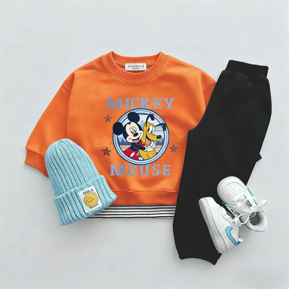 Disney Long Sleeve Outfits For Child 2025 Autumn Clothing Cartoon Sweatshirts Black Sweatpants Kids Lovely Hoodies Crewneck Wear H251022