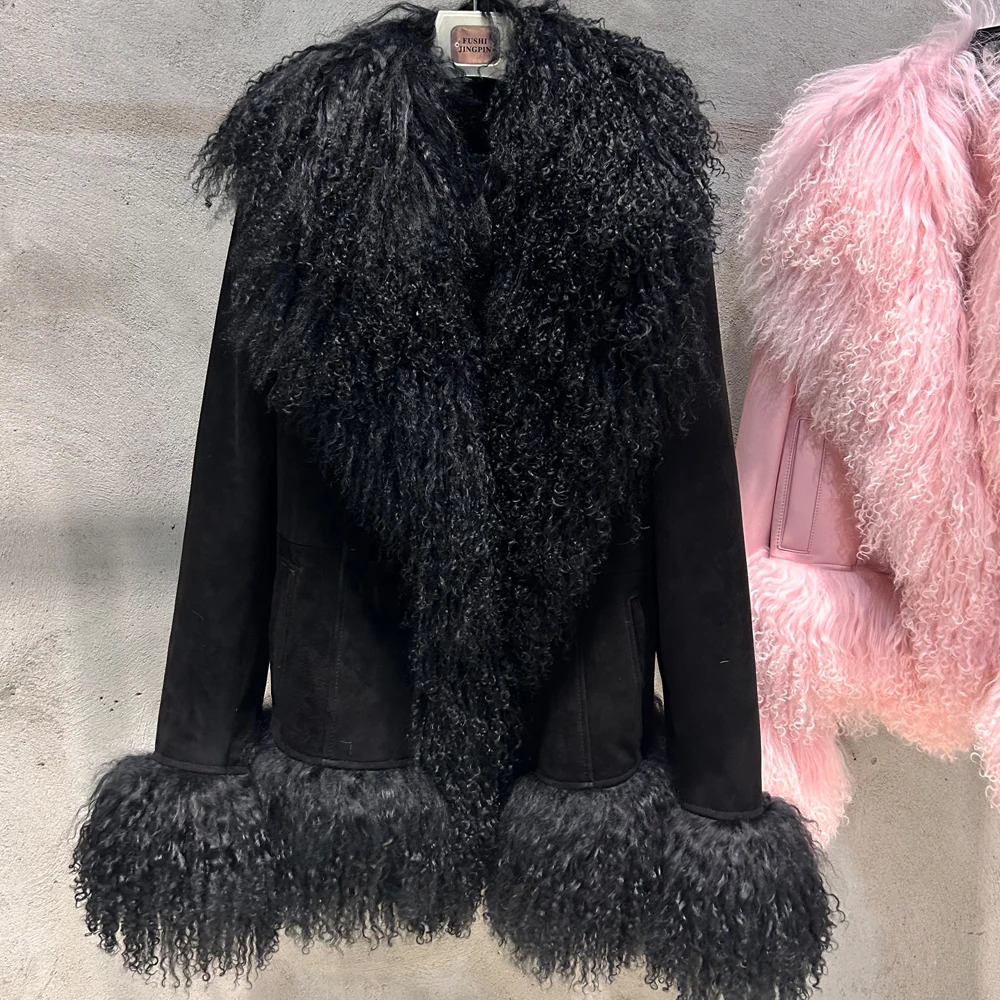 Black Suede Mongolian Sheep Fur Coat Women Jacket with Long Sleeve arrival Winter Real 251021