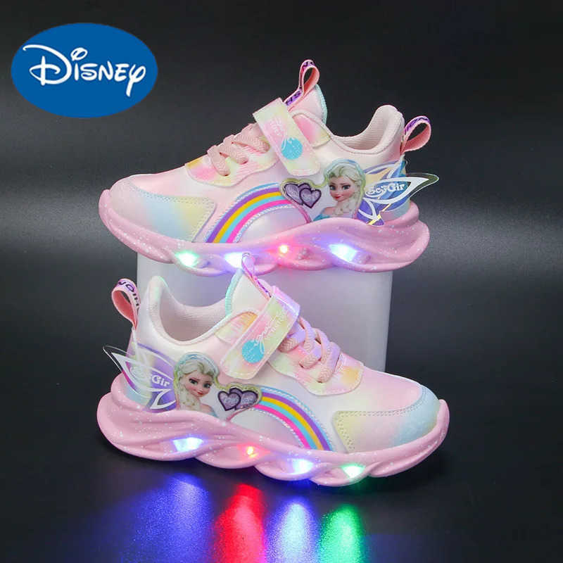 Disney Casual Sneakers LED Lighted For Spring Girls Frozen Elsa Princess Rainbow Outdoor Children Nonslip Pink Purple Shoes H251022