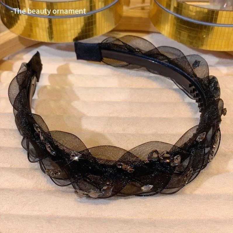 Advanced black gauze hair bands womens accessories for girls rhinestone fried dough twists headband with girl temperament clip V251022