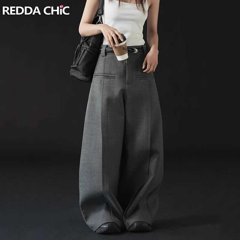 REDDACHiC Modern Womens Pleated Wide Leg Pants Plus Size Casual Slant Pocket Draped Long Suit Trousers Work Office Lady BottomsT251022